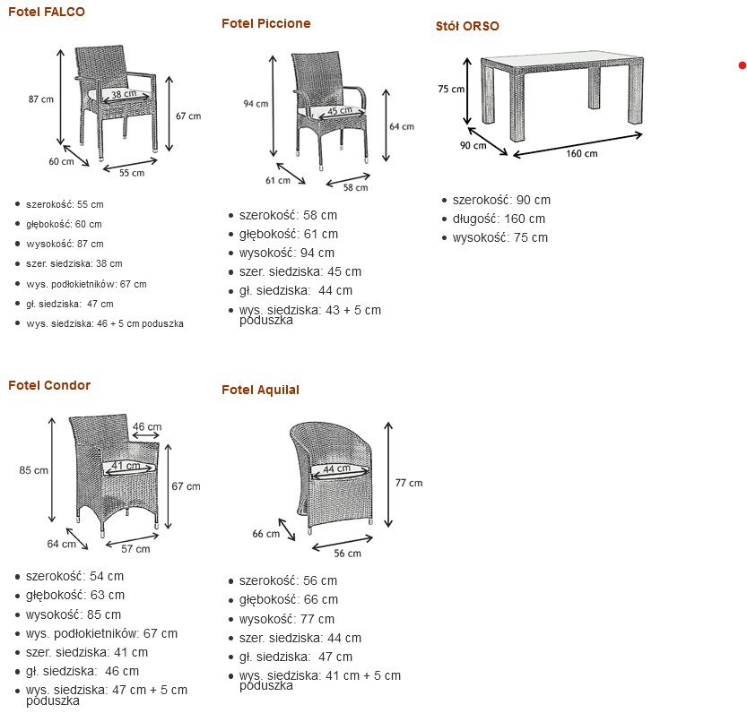 wymiary elementów kolekcji mebli stołowych z brazowego technorattanu