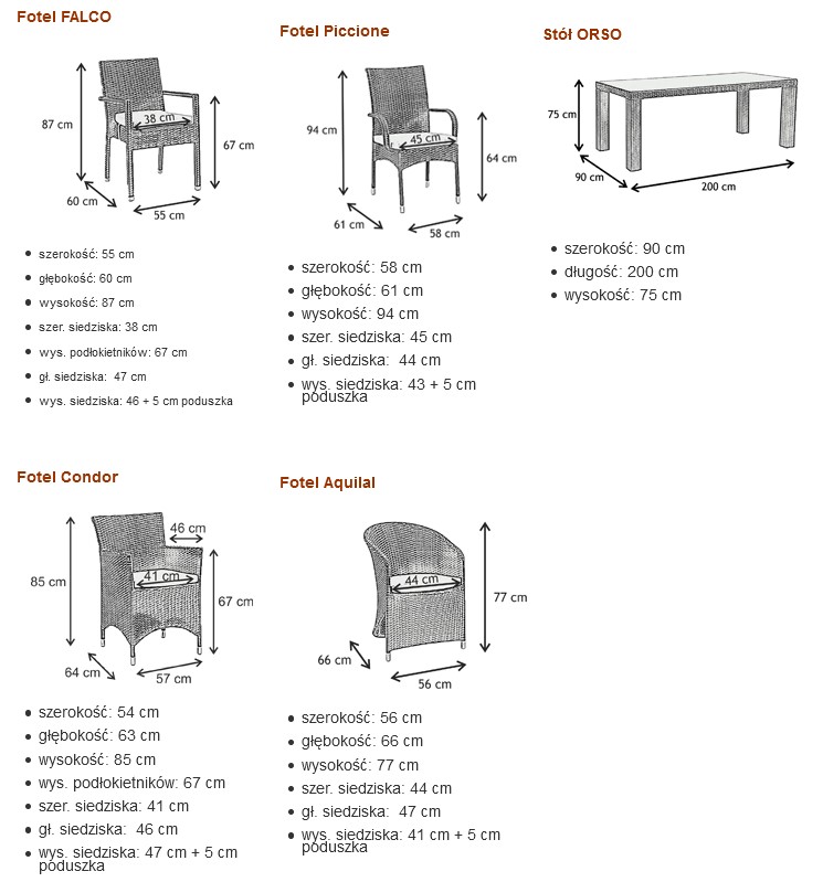 wymiary elementów kolekcji mebli stołowych z brazowego technorattanu