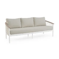 Biała sofa ogrodowa z podłokietnikami z drewna teak