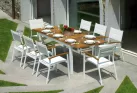 komplet stołowy ogrodowy aluminium białe blat teak