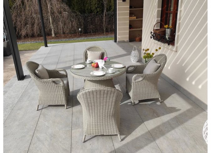 Zestaw mebli stołowych ogrodowych BOLONIA okrągły stół 130 cm technorattan SZAROPOPIELATY