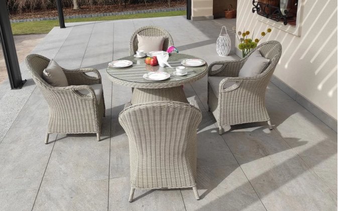 Zestaw mebli stołowych ogrodowych BOLONIA okrągły stół 130 cm technorattan SZAROPOPIELATY