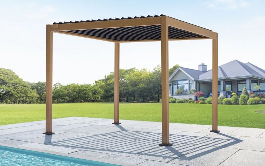Pergola lamelowa aluminiowa 3×4 m TEXAS z regulacją i odpływem – efekt drewna