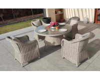 Jasnoszary zestaw stołowy ogrodowy z technorattanu z okrągłm stołem 130 cm i 4 fotele