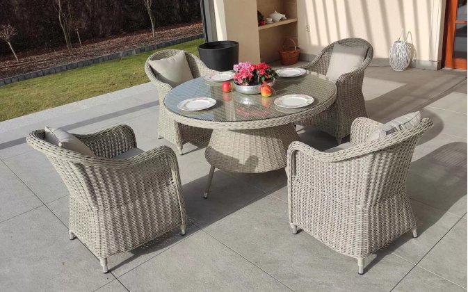 Jasnoszary zestaw stołowy ogrodowy z technorattanu z okrągłm stołem 130 cm i 4 fotele