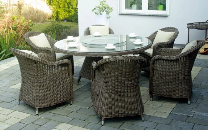 Jasnobrązowe sześcioosobowe meble ogrodowe stołowe technorattanowe