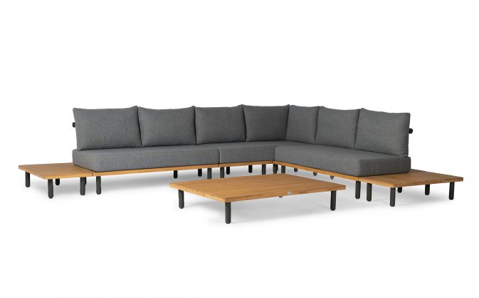 Narożnik aluminiowy ogrodowy z platformą teak KYTSU oparcia antracyt poduszki szare