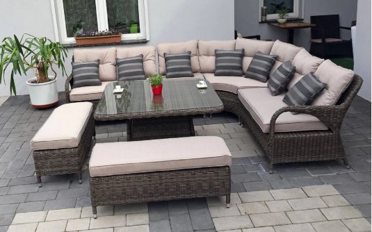 narożnik obiadowy ogrodowy HERRERA z kwadratowym stołem z technorattanu narożnik obiadowy ogrodowy HERRERA z kwadratowym stołem z technorattanu