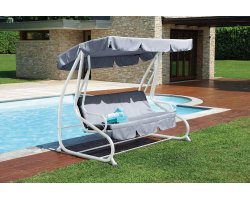 Huśtawka łóżko ogrodowe z daszkiem z falbaną DAMBULA biała z jasnoszarym daszkiem