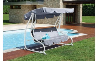 Huśtawka łóżko ogrodowe z daszkiem z falbaną DAMBULA biała z jasnoszarym daszkiem