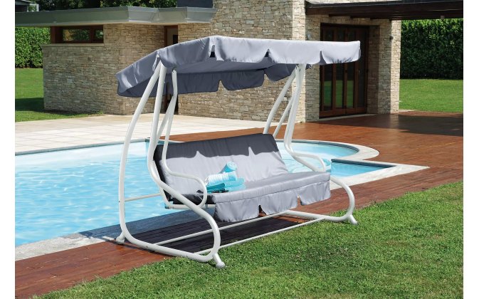 Huśtawka łóżko ogrodowe z daszkiem z falbaną DAMBULA biała z jasnoszarym daszkiem