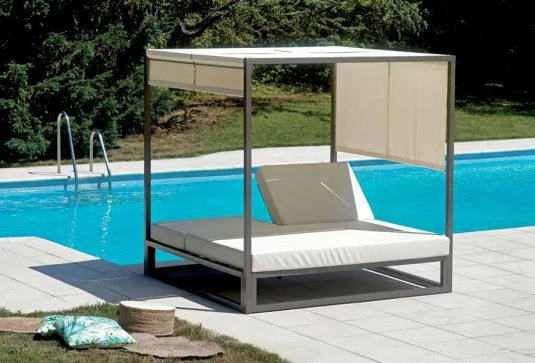 Łóżko ogrodowe nowoczesne aluminiowe dla 2 osó z zadaszeniem BALDAHIMO tortora