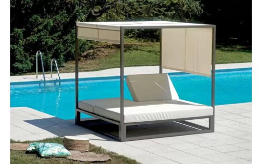Łóżko ogrodowe nowoczesne aluminiowe dla 2 osó z zadaszeniem BALDAHIMO tortora