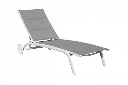 Biały leżak ogrodowy z szara tekstyliną SAMRINDA