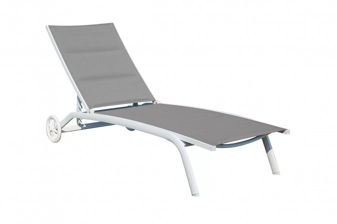 Biały leżak ogrodowy z szara tekstyliną SAMRINDA