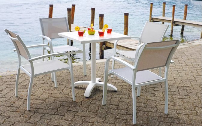 Kwadratowy stolik bistro 70x70 cm aluminiowy biuały noga centralna CALYPSO