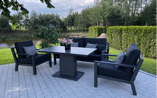 Meble ogrodowe aluminiowe ciemnoszare z podnoszonym stołem TIMBER Life Meble ogrodowe aluminiowe ciemnoszare z podnoszonym stołem TIMBER Life
