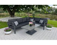 Aluminowy narożnik ogrodowy ze stolikiem z podnoszonym blatem TIMBER grafitowy / poduszki Comforma