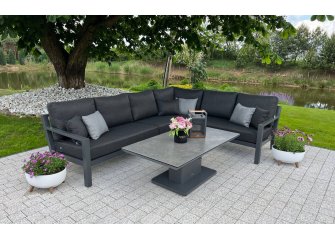 Aluminowy narożnik ogrodowy ze stolikiem z podnoszonym blatem TIMBER grafitowy / poduszki Comforma