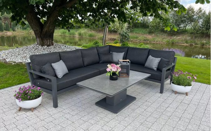 Aluminowy narożnik ogrodowy ze stolikiem z podnoszonym blatem TIMBER grafitowy / poduszki Comforma