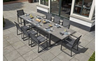 ekskluzywny rozkłdany stół PRIMAVERA 220 do 340 cm blat ceramiczny nogi ciemnoszare krzesło Primavera Stack