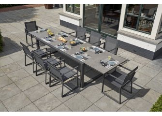 ekskluzywny rozkłdany stół PRIMAVERA 220 do 340 cm blat ceramiczny nogi ciemnoszare krzesło Primavera Stack