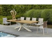 stół z podstawą krzyżową biały / blat teak