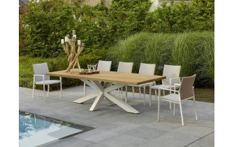 stół nogi krzyzowe biały blat teak