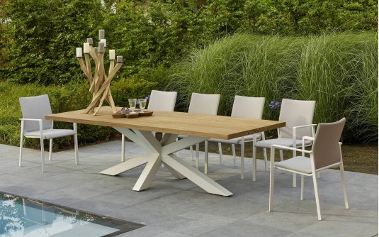 stół z podstawą krzyżową biały / blat teak