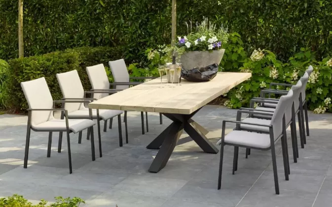 Meble ogrodowe aluminiowo-teakowe ciemnoszare TIMOR - zestaw stołowy 280 cm z krzesłami primavera