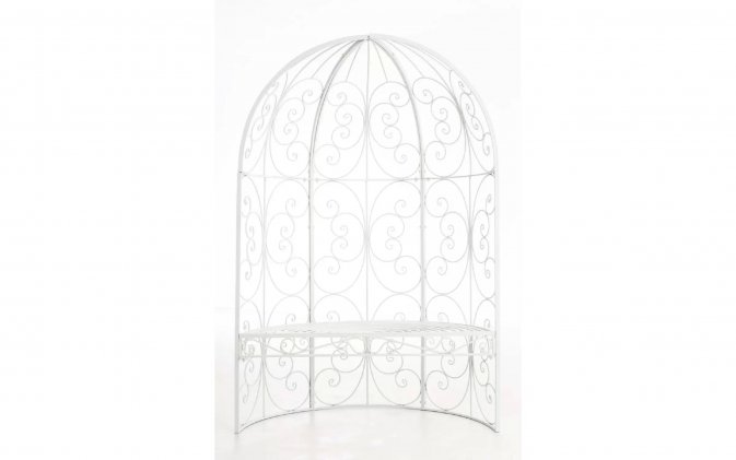 BIAŁY półpawilon z ławką metalowy retro na rośliny pnące