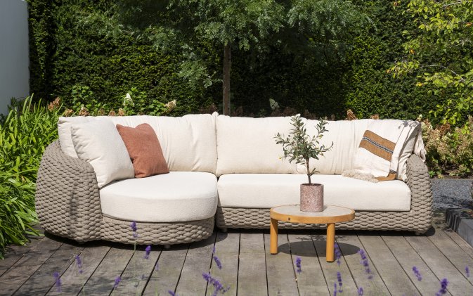 Luksusowa sofa ogrodowa z wyspą MAXIME lina i pasy polipropylenowe brązowa