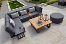 Mniejsza wersja mebli ogroodwych aluminiowych NEVADA - konstrukcja cienmoszara oraz stolik z blatem teak