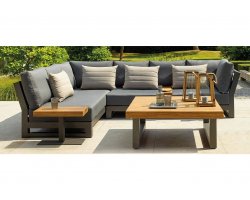 Mniejsza wersja mebli ogroodwych aluminiowych NEVADA - konstrukcja cienmoszara stolik z blatem teak stolik boczny