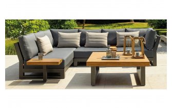 Mniejsza wersja mebli ogroodwych aluminiowych NEVADA - konstrukcja cienmoszara stolik z blatem teak stolik boczny