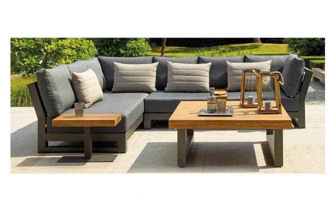 Mniejsza wersja mebli ogroodwych aluminiowych NEVADA - konstrukcja cienmoszara stolik z blatem teak stolik boczny