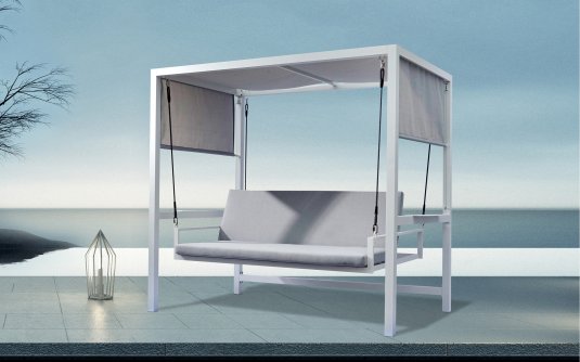 Huśtawka ogrodowa 3-osobowa – aluminiowa, poduszki Olefin, szaro-biała