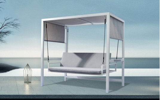 Huśtawka ogrodowa 3-osobowa – aluminiowa, poduszki Olefin, szaro-biała