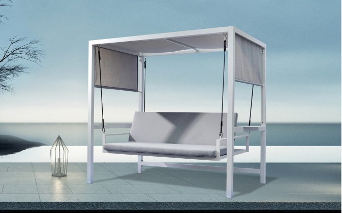 Huśtawka ogrodowa 3-osobowa – aluminiowa, poduszki Olefin, szaro-biała