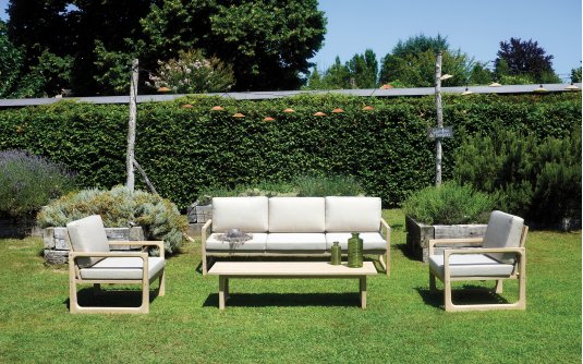 DRESDA zestaw wypoczynkowy ogrodowy akacja 2 fotele sofa stolik sabbia