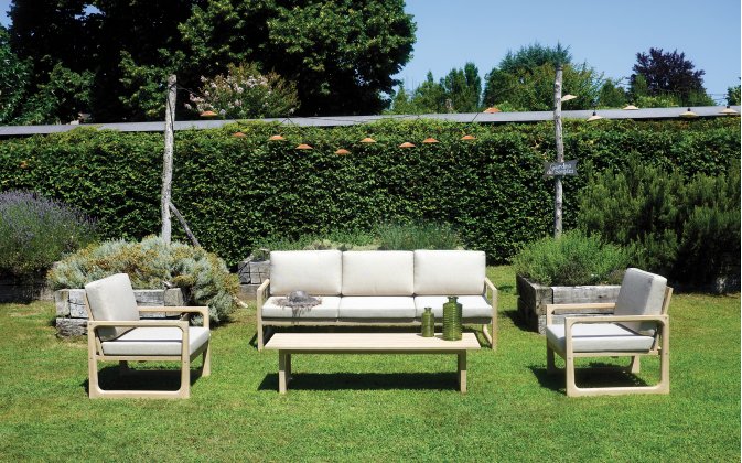 DRESDA zestaw wypoczynkowy ogrodowy akacja 2 fotele sofa stolik sabbia