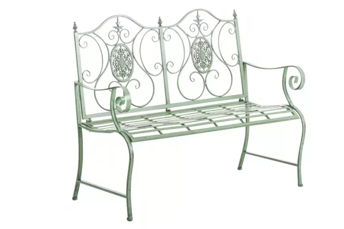 ławka metalowa ogrodowa w jasnozielonym patynowanym kolorze