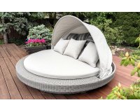 Łóżko na taras okrągłe szare SIROS szary technorattan / szarobeżowe poduszki i daszek