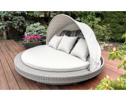 Łóżko na taras okrągłe szare SIROS szary technorattan / szarobeżowe poduszki i daszek