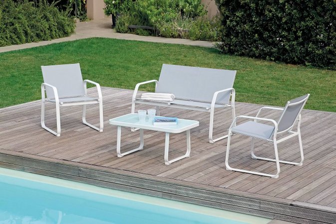 biały komplet wypoczynkowy ogrodowy biały z siedziskami z tesktyliny