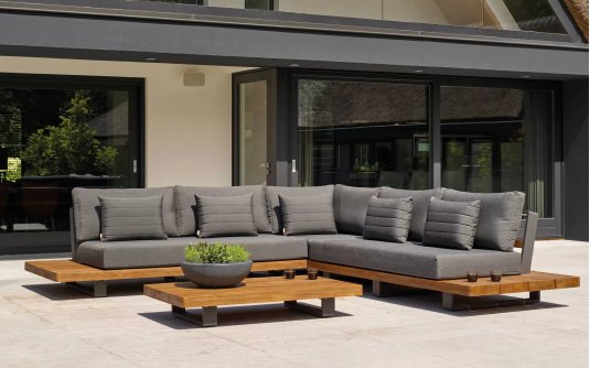 Meble ogrodowe narożnik FITZ - aluminiowe ciemnoszare platforma teak