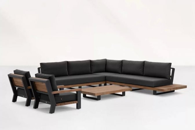 Meble ogrodowe narożnik FITZ - aluminiowe ciemnoszare platforma teak