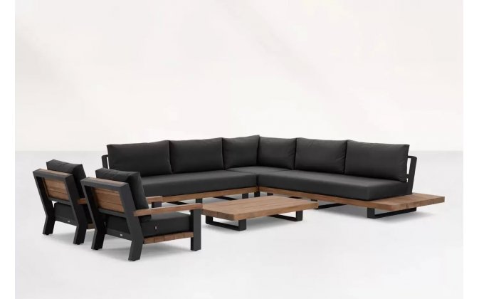 Meble ogrodowe narożnik FITZ - aluminiowe ciemnoszare platforma teak