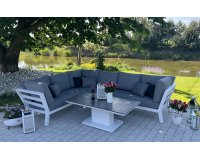 Biały narożnik ogrodowy aluminiowy TIMBER LIFE z wysokimi podłokietnikami