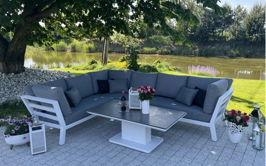 Biały narożnik ogrodowy aluminiowy TIMBER LIFE z wysokimi podłokietnikami Biały narożnik ogrodowy aluminiowy TIMBER LIFE z wysokimi podłokietnikami